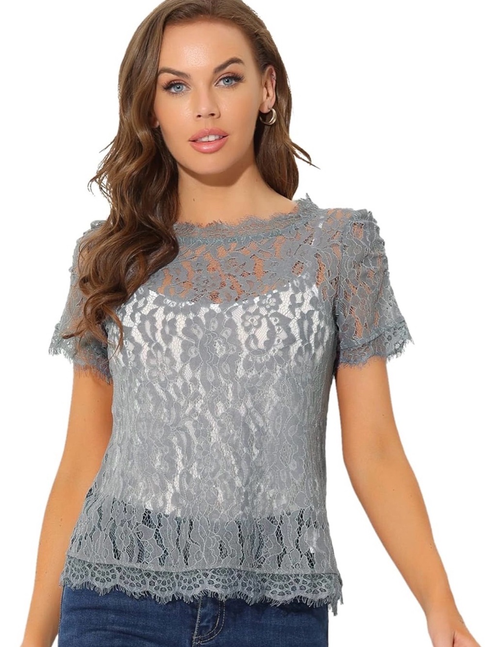 ALLEGRA K Semi Sheer Floral Lace Blouse in Gray - size L